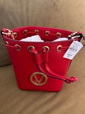 Valentino Red Pebbled Leather Bucket Crossbody with Gold Logo
